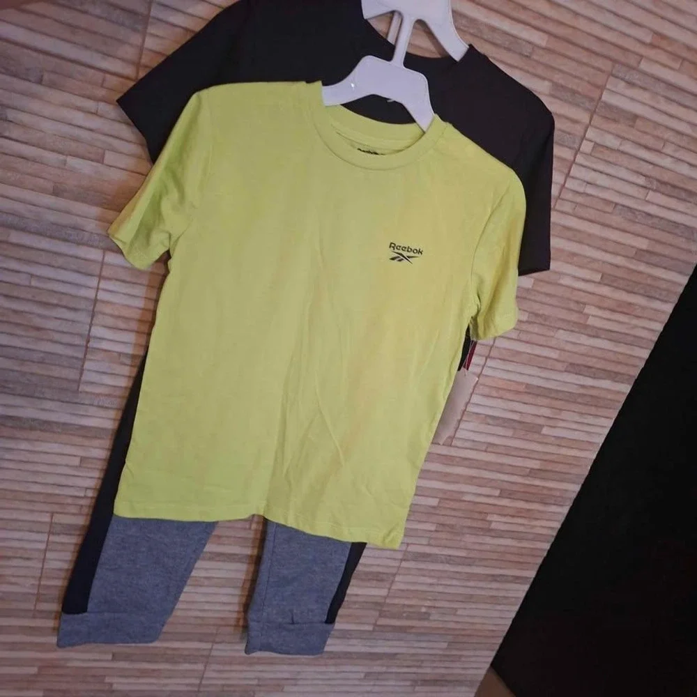 Reebok Boys 3pc Activewear Set 2 T-Shirts and Joggers Gray Black Lime Green 10